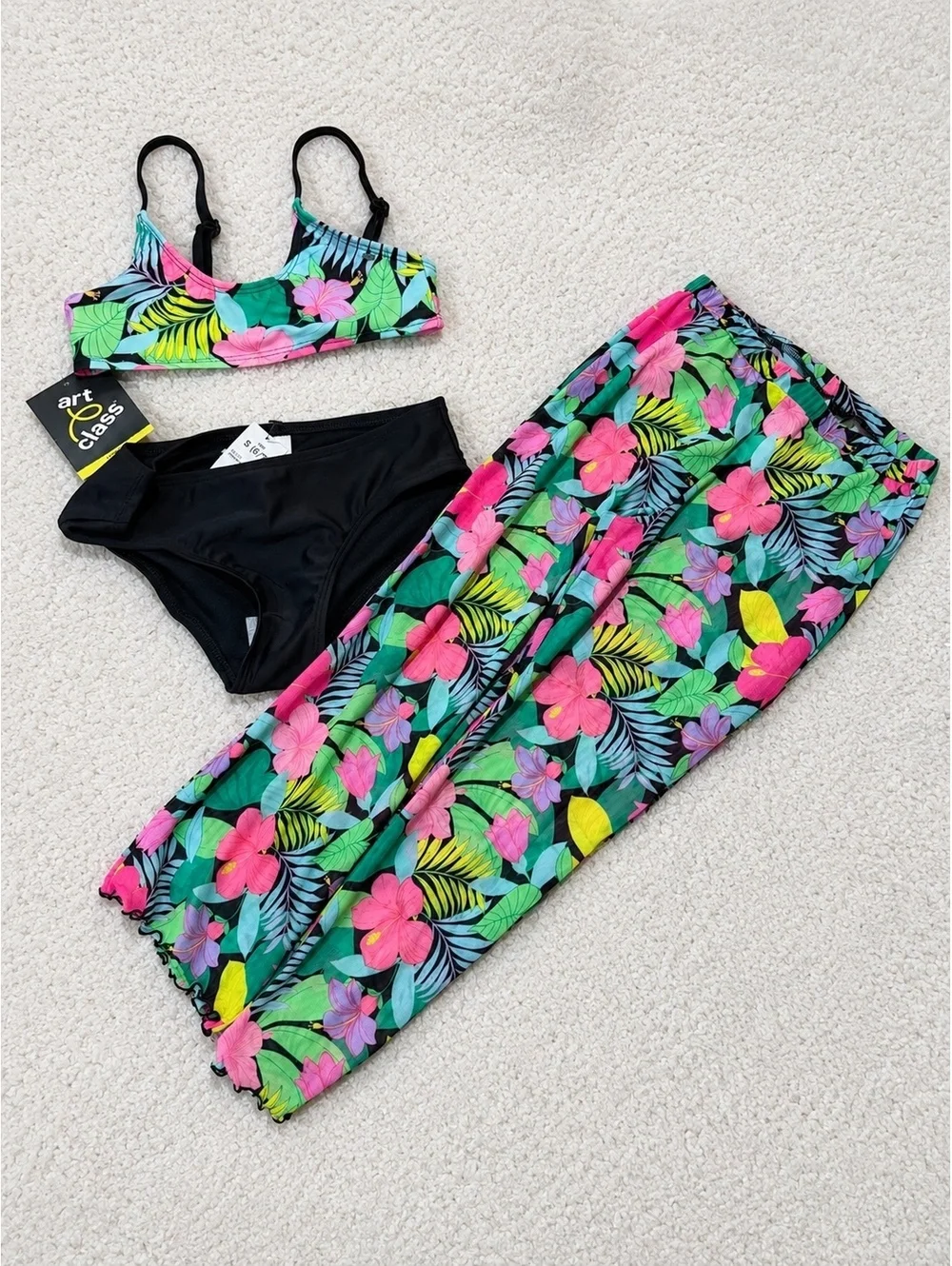 Girls 3pc Tropical Swimsuit Bikini Set Size 6/7 Cover Up Pants NWT